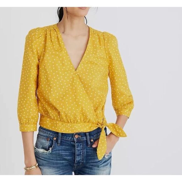 Madewell Top Star Scatter Wrap Top Blouse Golden‎ Yellow Cropped Cotton Size S - Picture 1 of 8